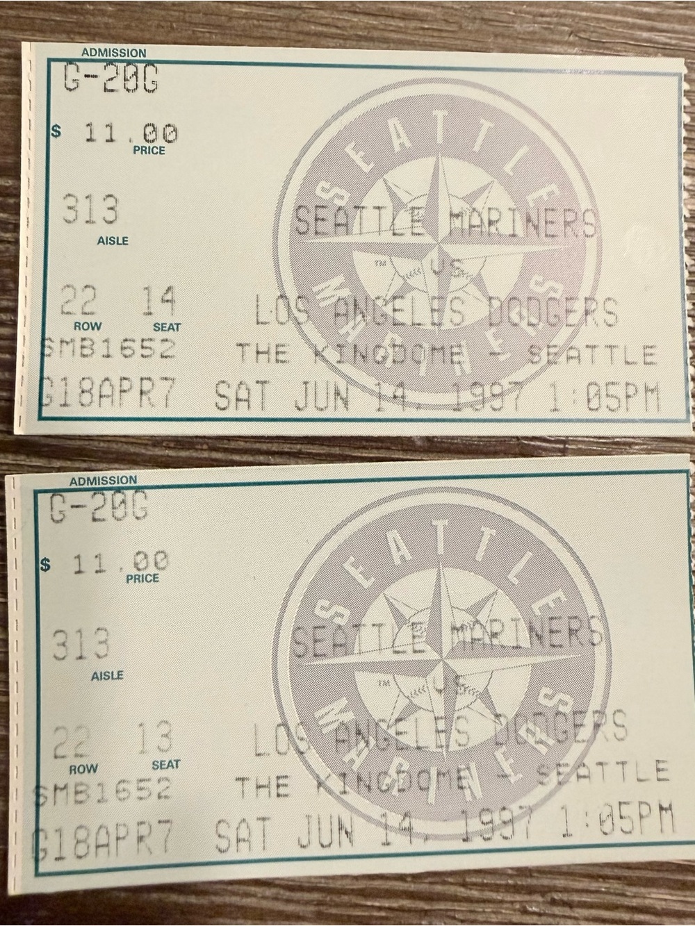 Vintage Ticket stubs Seattle  Mariners vs Los Angeles Dodgers June 14 1997